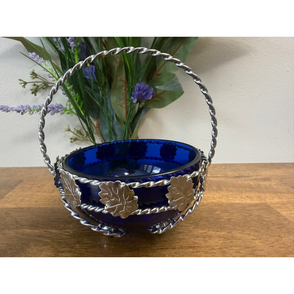 Vintage Cobalt Blue Glass Basket with Silver Plate Leaf Mount Twisted‎ Handle
